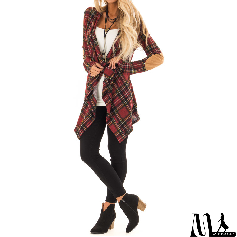 MidiSono - Long Sleeve Women'S Plaid Cardigan Coat