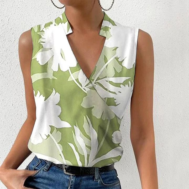 Fashion Flower Print V-Neck Sleeveless Blouse wearshes