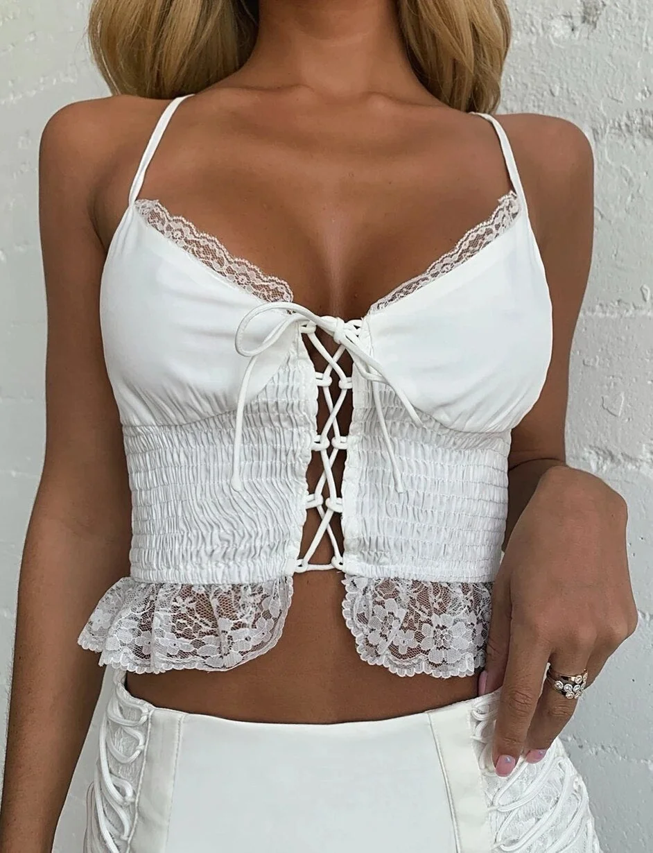 Lace-Up Front Camisoles Women's Spaghetti Straps Crop Tops Summer Lace Floral Ruffles Vest Sexy Club Backless Slim Camis