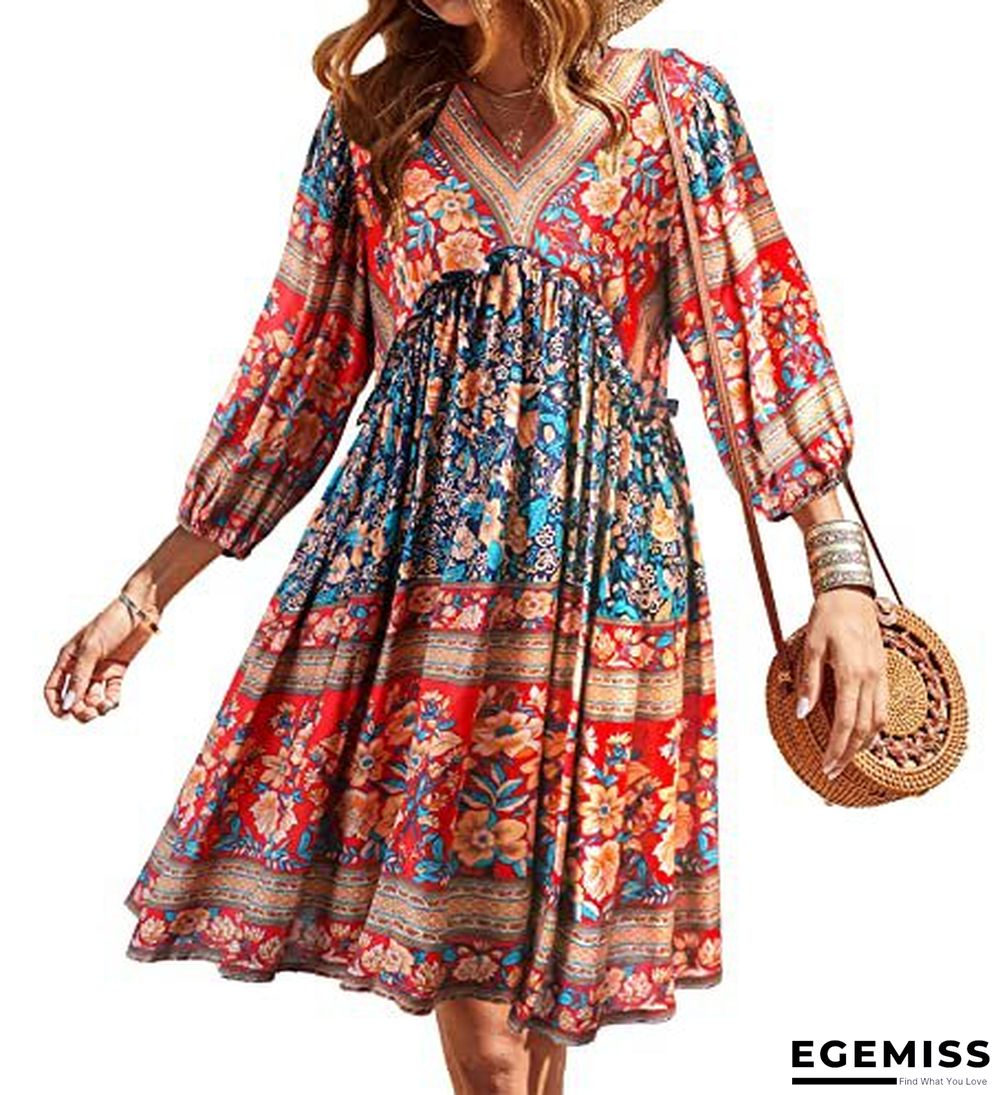 Bohemian Print V-neck Bubble Sleeve Big Swing National Style Dress Women's Wear | EGEMISS