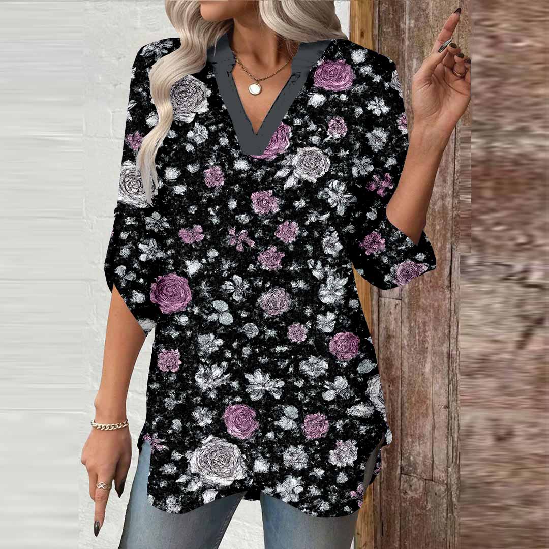 Women Floral,Purple DZGA0031 3/4 Sleeve V-neck Printed Graphic Button Tops