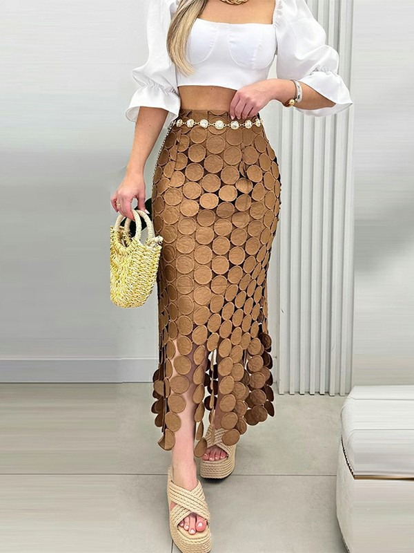 Tasseled Split-Joint Solid Color High Waisted Bodycon Skirts KHAKI-M