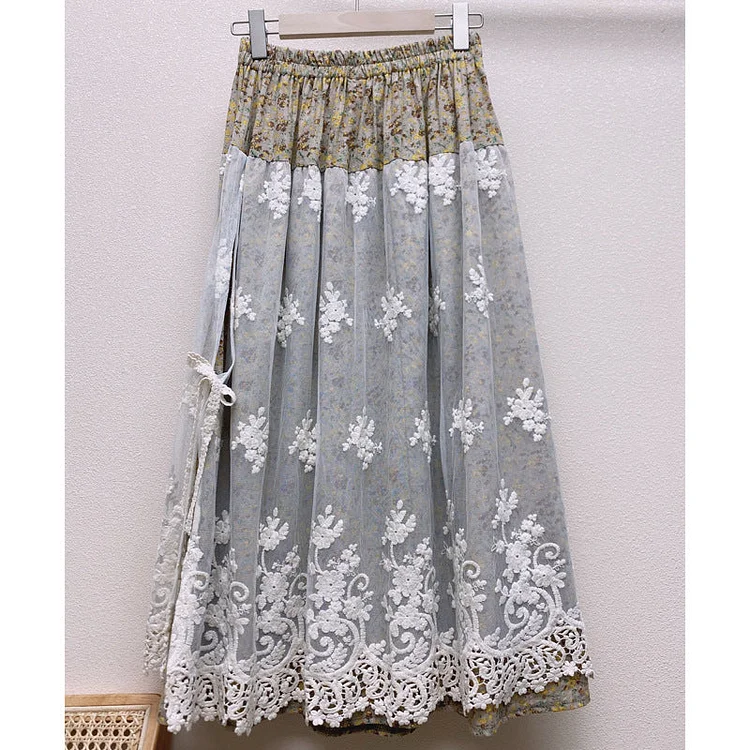 Cozy Linen Retro Floral Embroidery Lace Mesh Skirt