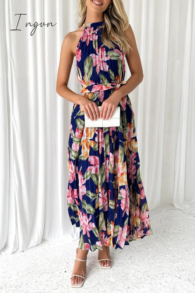 Ingvn- Vintage Elegant Floral Frenulum Halter Printed Dress Dresses Tibetan Blue / S Dresses/Floral