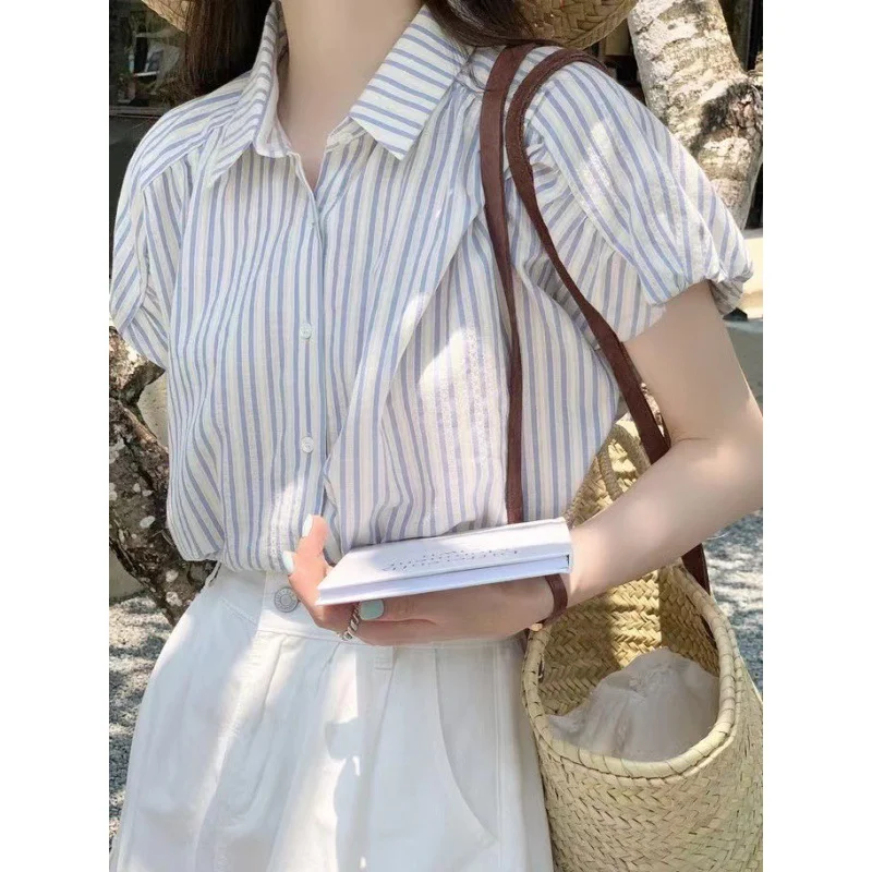 Brownm Brownm Version Of Puff Sleeve Striped Blue Shirt Women French Gentle Short-Sleeved Shirt Niche Fresh Sweet Top Summer