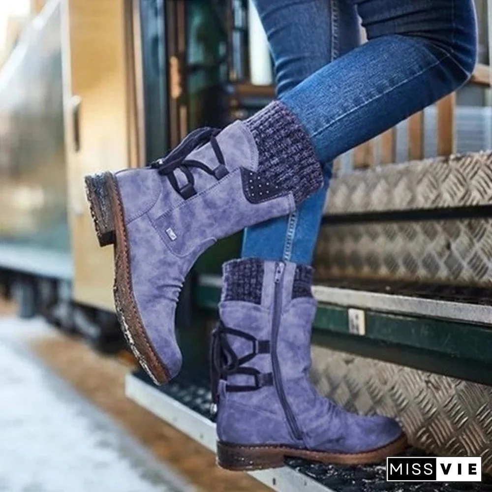 New Fashion Autumn and Winter Womens Boots In The Calf Boots Casual Flat Snow Boots Leather Sweater Bandage Boots Cowgirl Boots Zipper Low Heel Ladies Boots