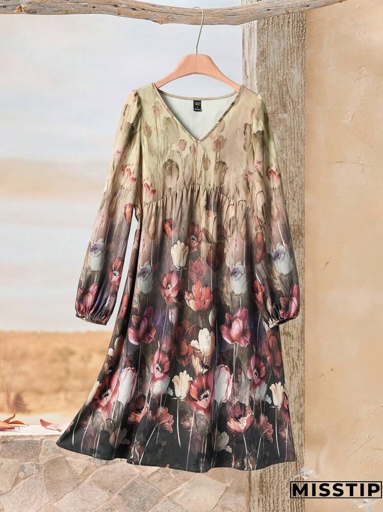 Women's V-Neck Floral Print Elegant Long Sleeve Short Dress