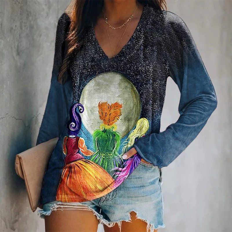 Fashion Abstract Print Long Sleeve Women T Shirt