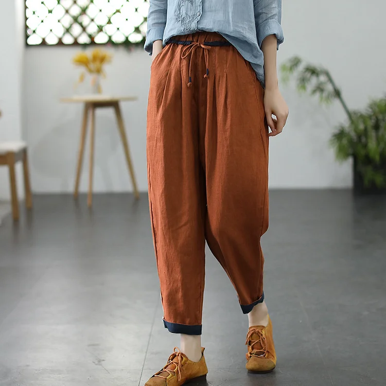 Casual Solid Color Lace-up Linen Pants - yankia