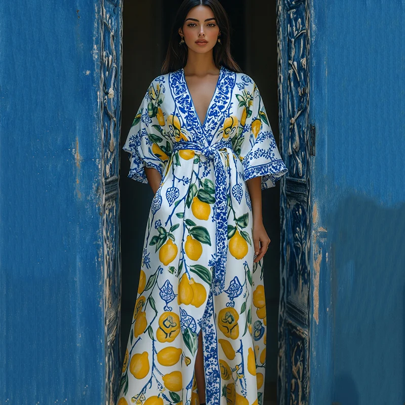 Cardigan kimono con motivo mediterraneo italiano Amalfi e maiolica