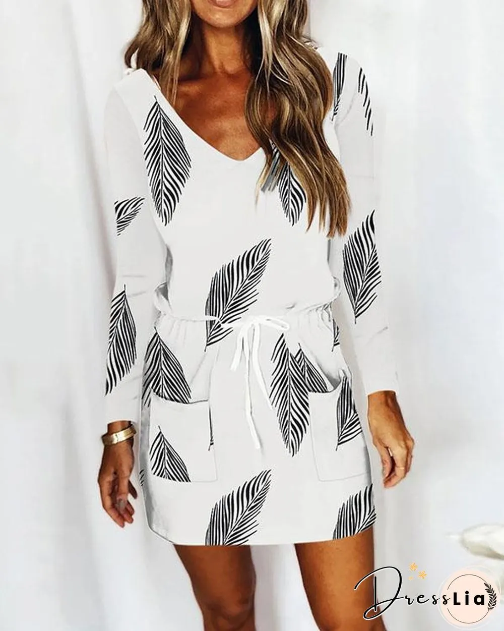 Casual V Neck Long Sleeve Print Mini Dress with Drawstring & Pockets