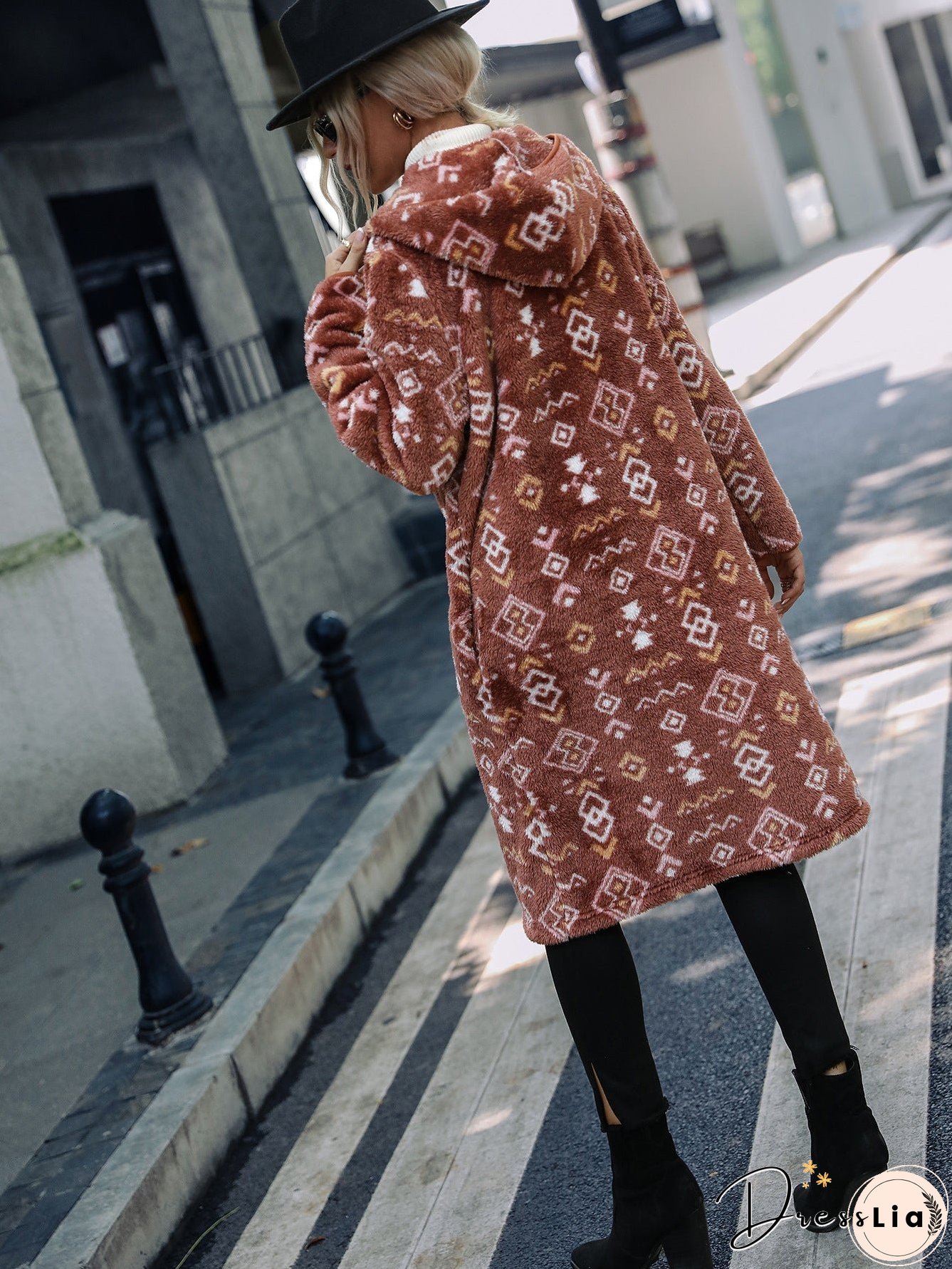Geometric Print Long Plush Coat