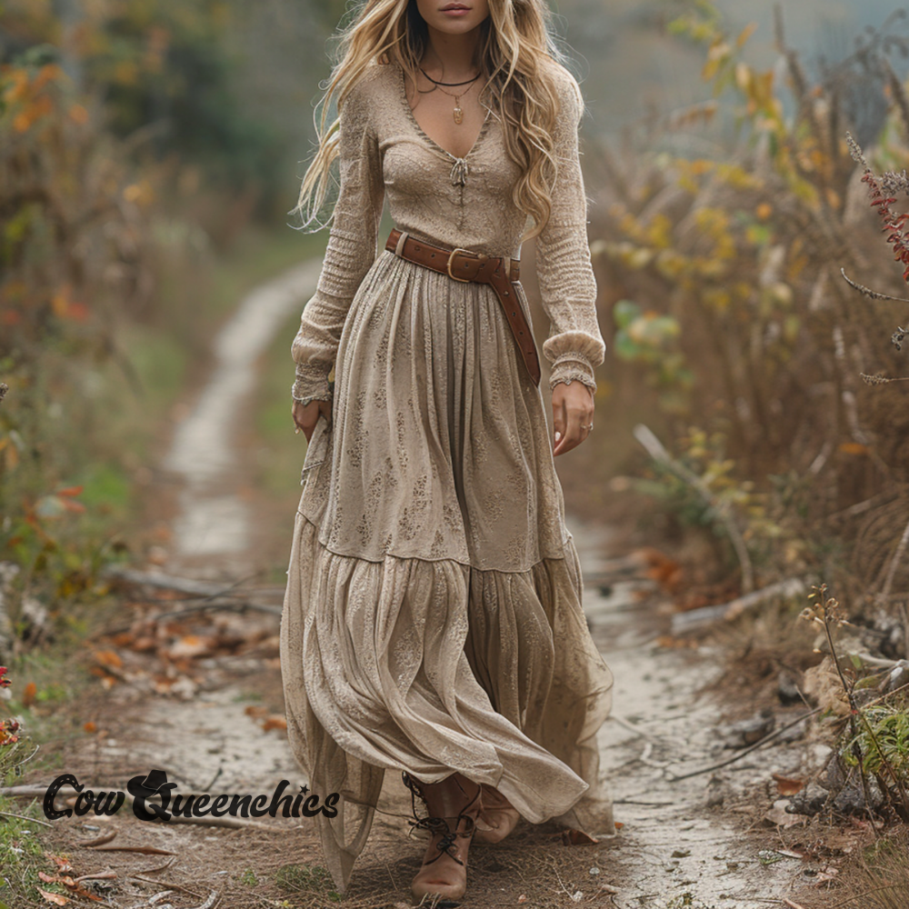 Retro V-neck Lace Linen Women’s Long-sleeved Long Skirt Pastoral Style Linen Dress Light khaki / S