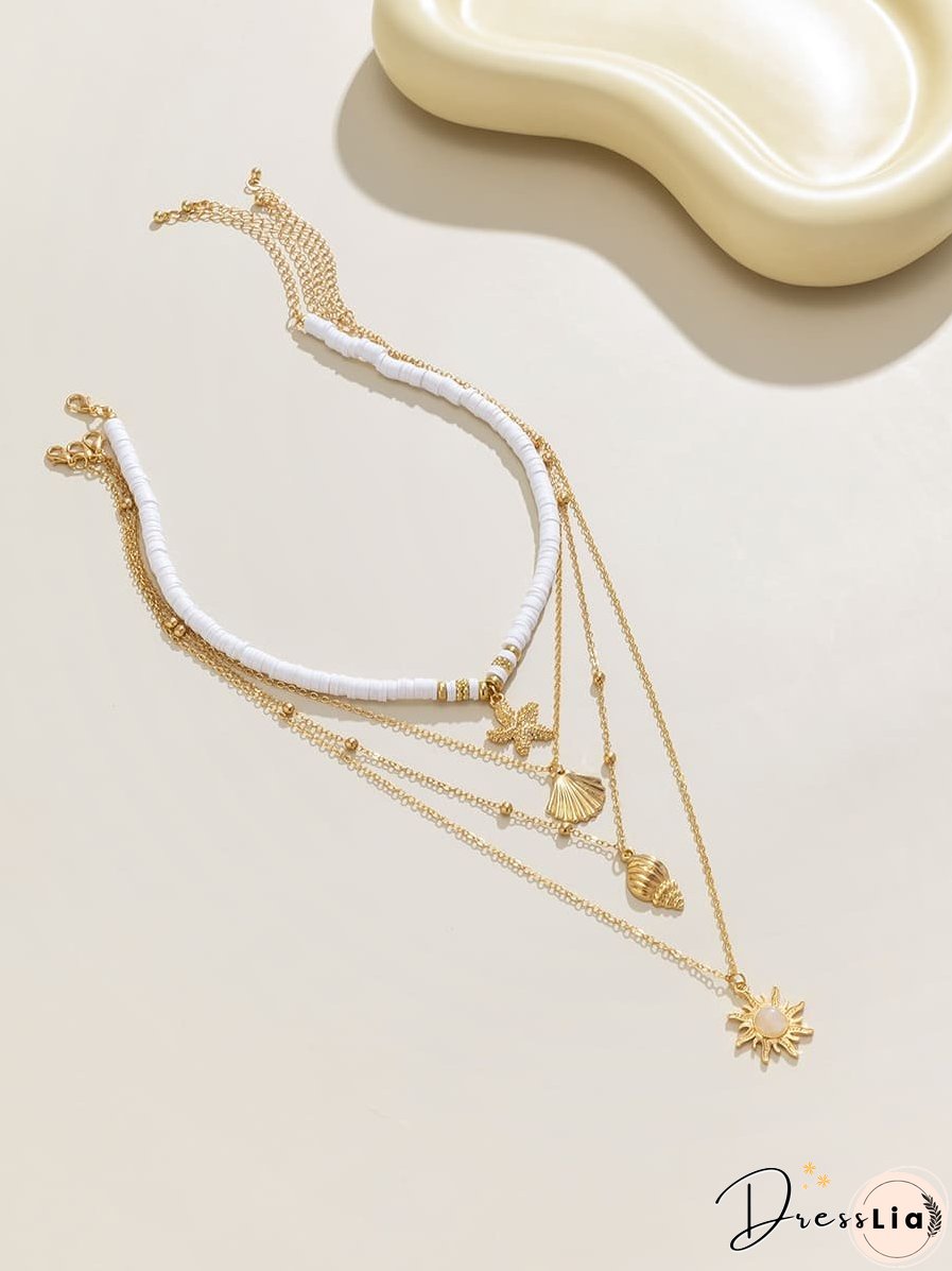 South Pacific Shell Starfish Multi-Layer Necklace Gold