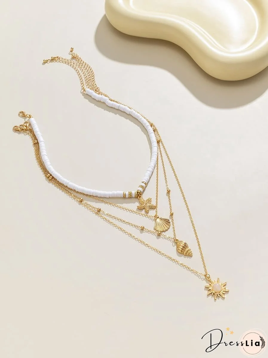South Pacific Shell Starfish Multi-Layer Necklace Gold