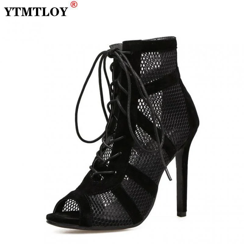 Yengm Black Summer Sandals Lace Up Cross-tied Peep Toe High Heel Ankle Strap Net Surface Hollow Out Sandals Mesh