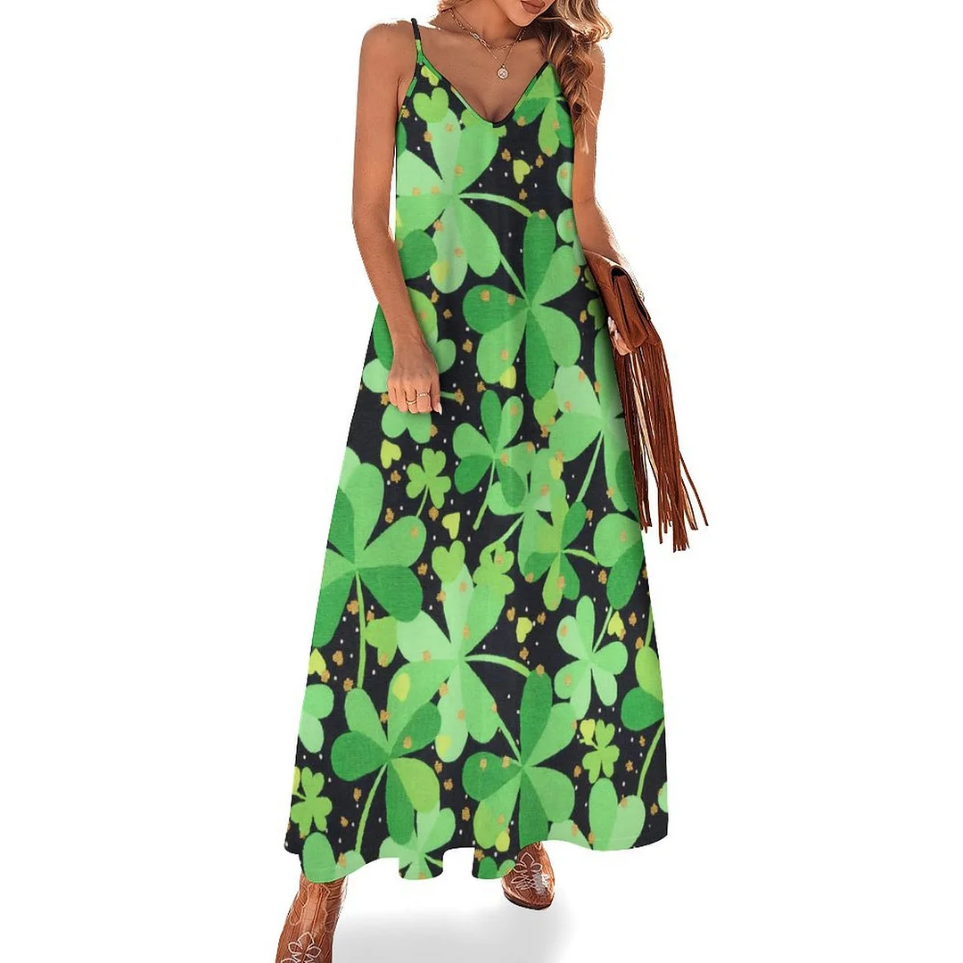 Style & Comfort for Mature Women Plus Size Printed Sling Casual Women Maxi Dress in Pattern St. Patrick's Day, Green, Clover, Lucky