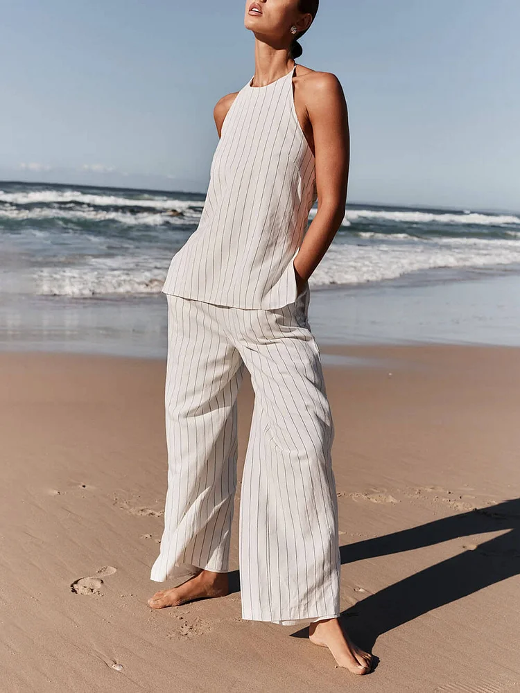 Fashionable Classic Striped Print Halter Neck Sleeveless Vest Top Wide Leg Pants Set