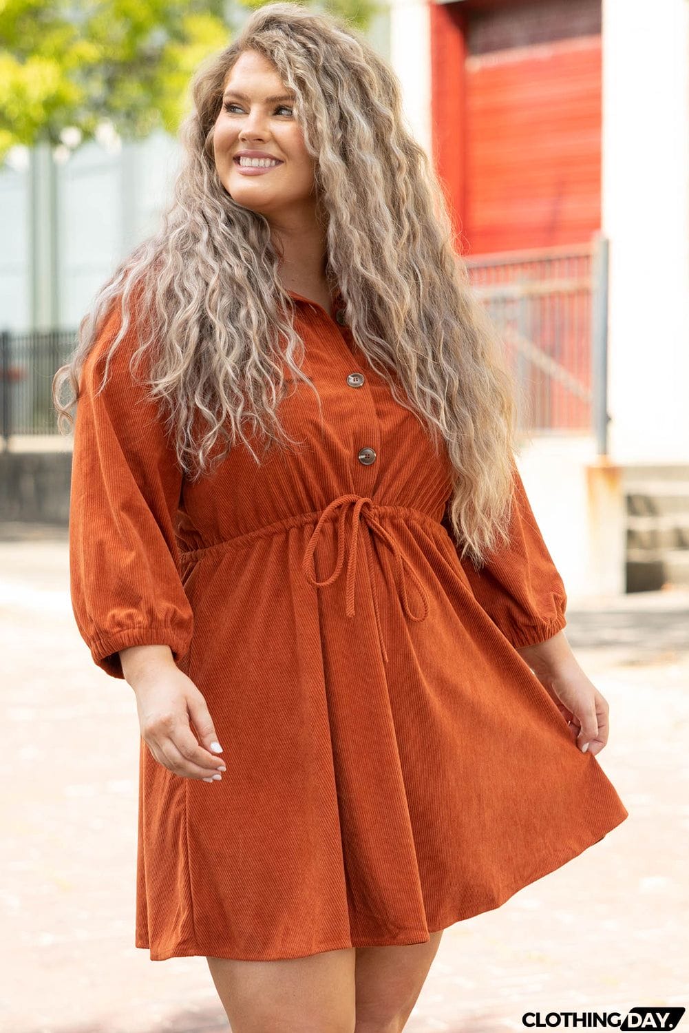 Plus Size High Waist Corduroy Dress