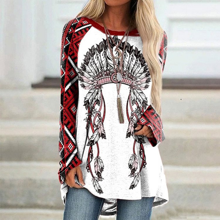 Vefave Casual Chief Feather Print Tunic