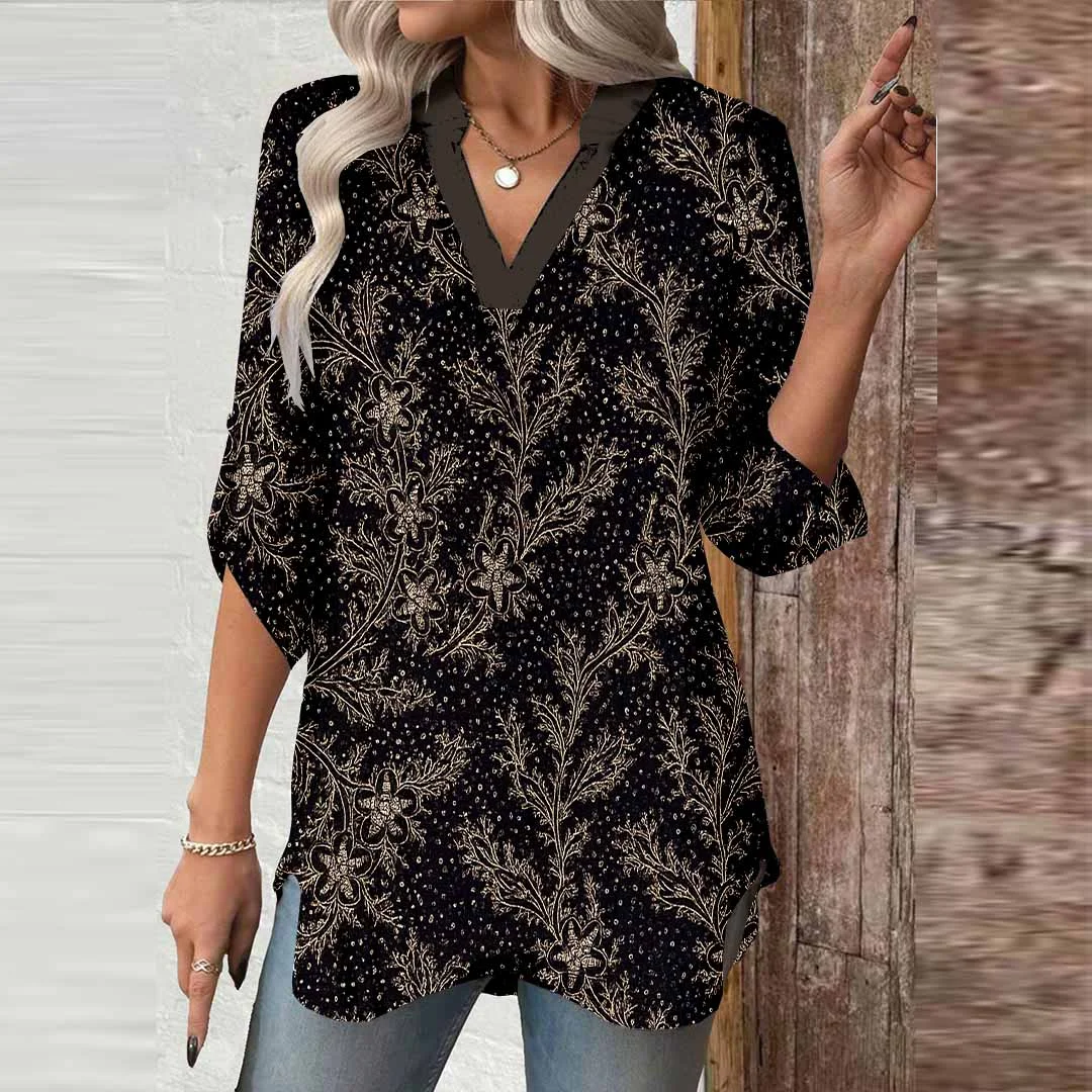 Women Leaf, Black, Gold DZGA0503 3/4 Sleeve V-neck Printed Graphic Button Tops