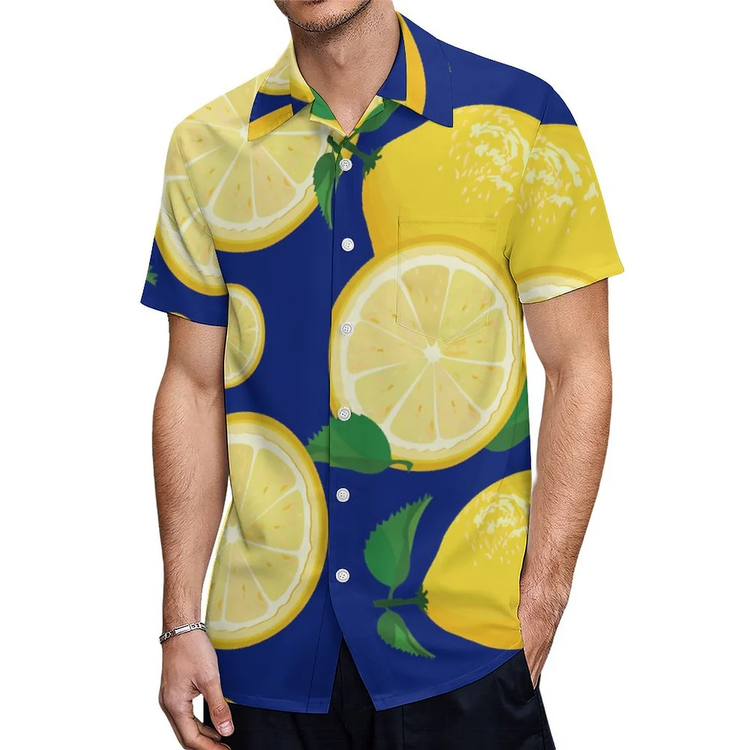 Short Sleeve Lemon Honey Green Leaves Hawaiian Shirt Mens Button Down Plus Size Tropical Hawaii Beach Shirts