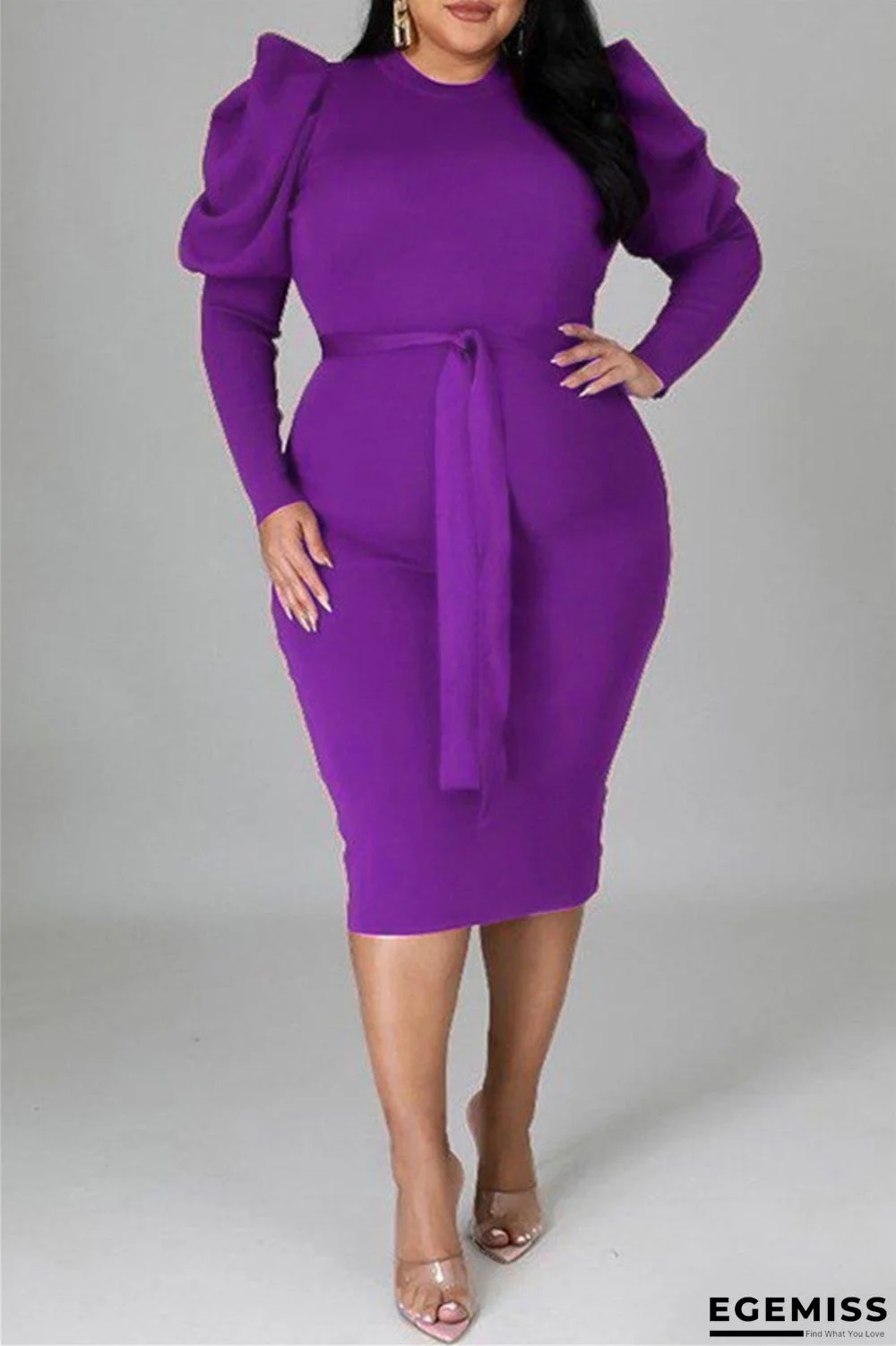 Purple Fashion Casual Solid With Belt O Neck Long Sleeve Plus Size Dresses | EGEMISS