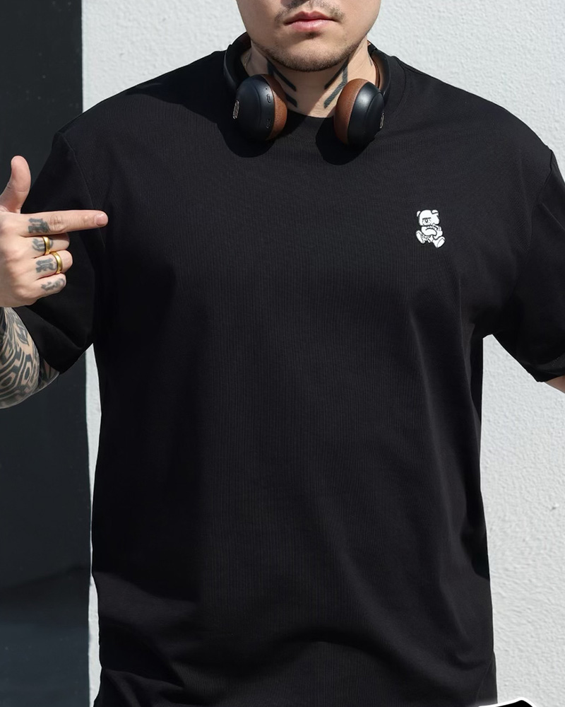 4XL-8XL Big & Tall Men's Daily Casual Embroidered Bear Printed Cotton Round Neck Short Sleeve T-Shirt