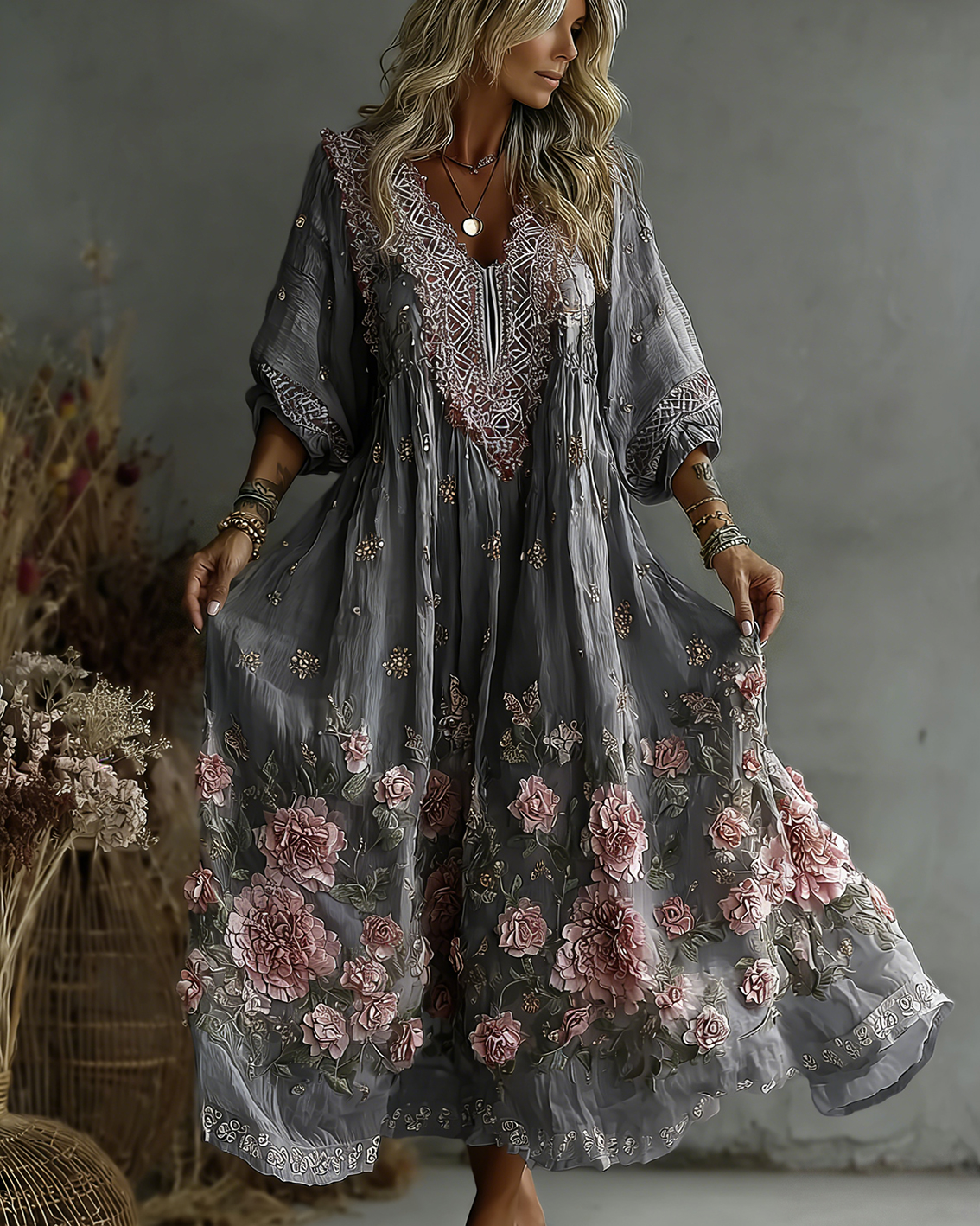 Women's Retro Floral Art Flowy Linen Blend Casual Long Sleeve Maxi Dress wearshes