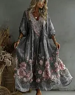 Women's Retro Floral Art Flowy Linen Blend Casual Long Sleeve Maxi Dress - Image 7