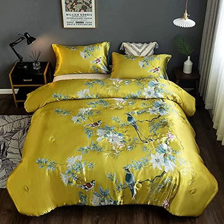 Floral Silky Satin Bird Flower Pattern Bedding Set Luxury Comforter Cover Set