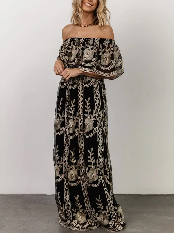 Off-the-shoulder printed maxi dress