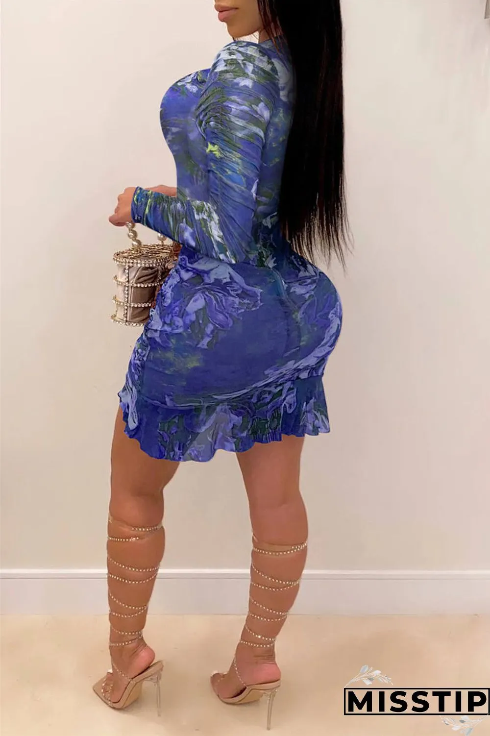 Blue Sexy Sleeve Long Sleeve Half A Turtleneck Asymmetrical Mini Print Dresses