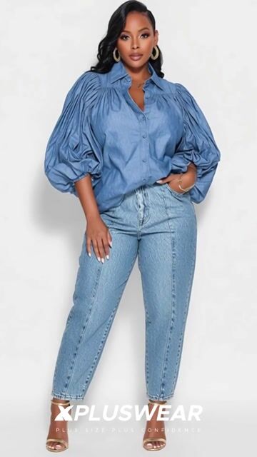 Xpluswear Design Plus Size Business Casual Blue Shirt Collar Lantern Sleeve Half Sleeve Pleated Tencel Denim Blouses 2024 - Xpluswear