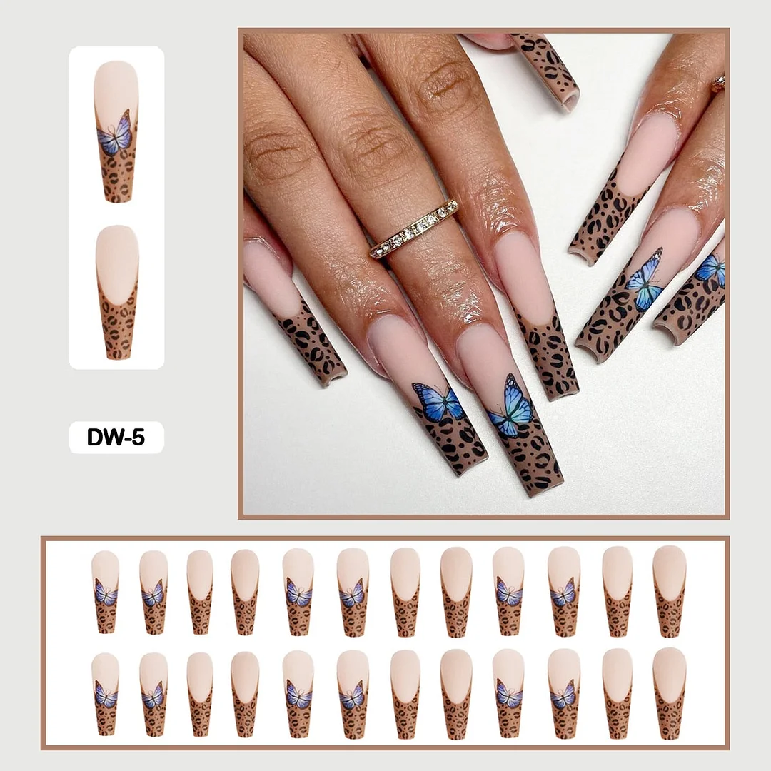 24pcs/box Long Trapezoid Fake Nails Geometric Simplicity Personality Graffiti Animal Pattern Nail Art Nails Press on With Glue-Nail Inspo