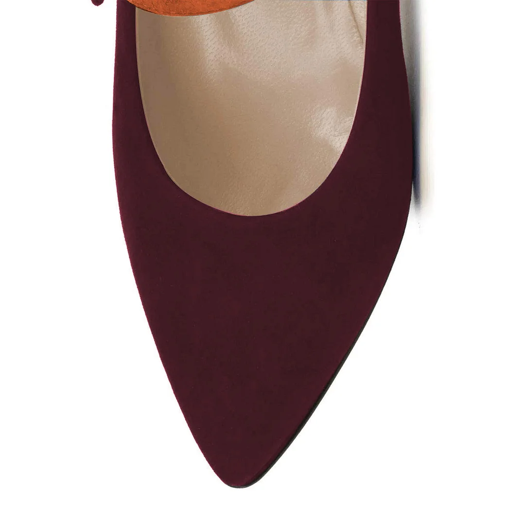 Dark Red & Orange Faux Suede Pointed Toe Pencil Heel Wide Strap Pumps