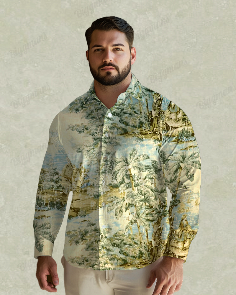 Dream Garden Oil Painting Long Sleeve Lapel Shirt Men's Plus Size