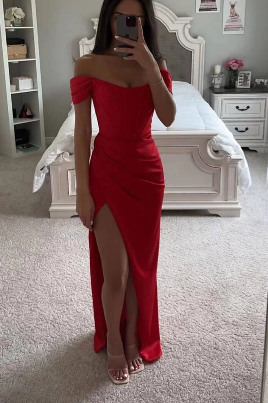 Daisda Red Long Off-the-Shoulder Mermaid Prom Dress With Split