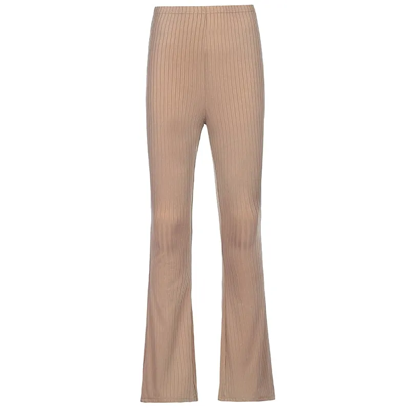 HEYounGIRL Skinny Elastic Flare Pants Women Casual High Waist Long Trousers Laides Purple Ribbed Sweatpants Summer Streetwear