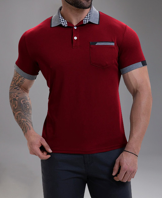 Casual Houndstooth Colorblock Turndown Collar Short Sleeve Polo Shirt