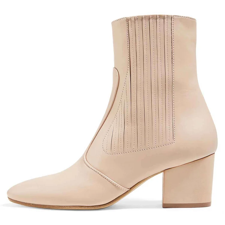 Beige Chunky Heel Boots Ankle Boots |FSJ Shoes