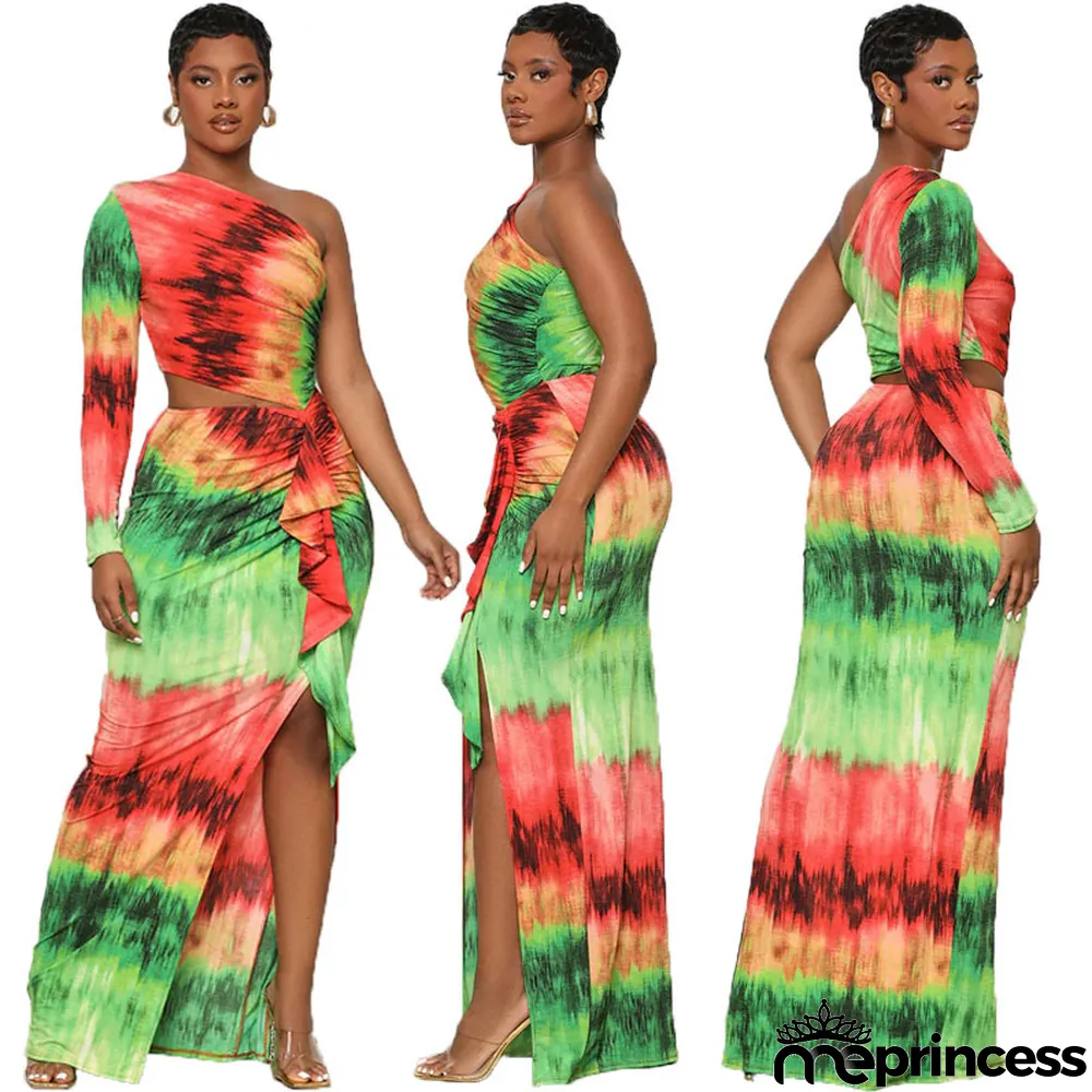 Sexy Diagonal Shoulder Hollow Out Print Split Dress