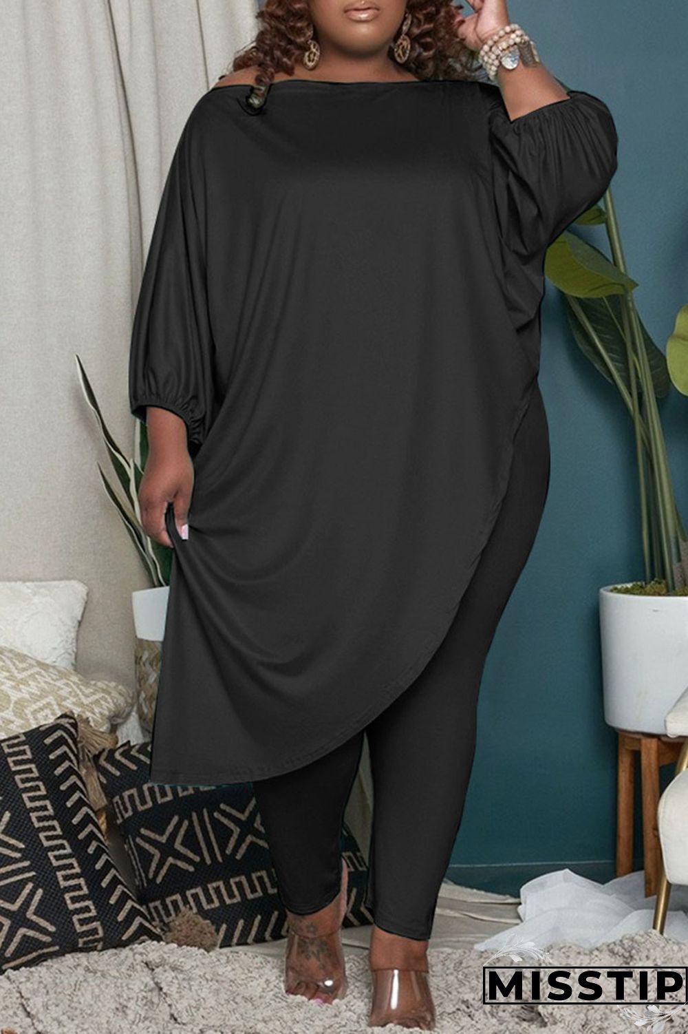 Green Fashion Casual Solid Asymmetrical Oblique Collar Plus Size Two Pieces