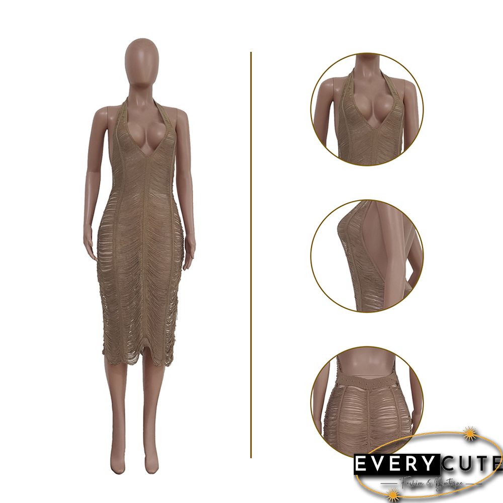 Khaki Polyester Hollow Out Halter Beach Cover Dress