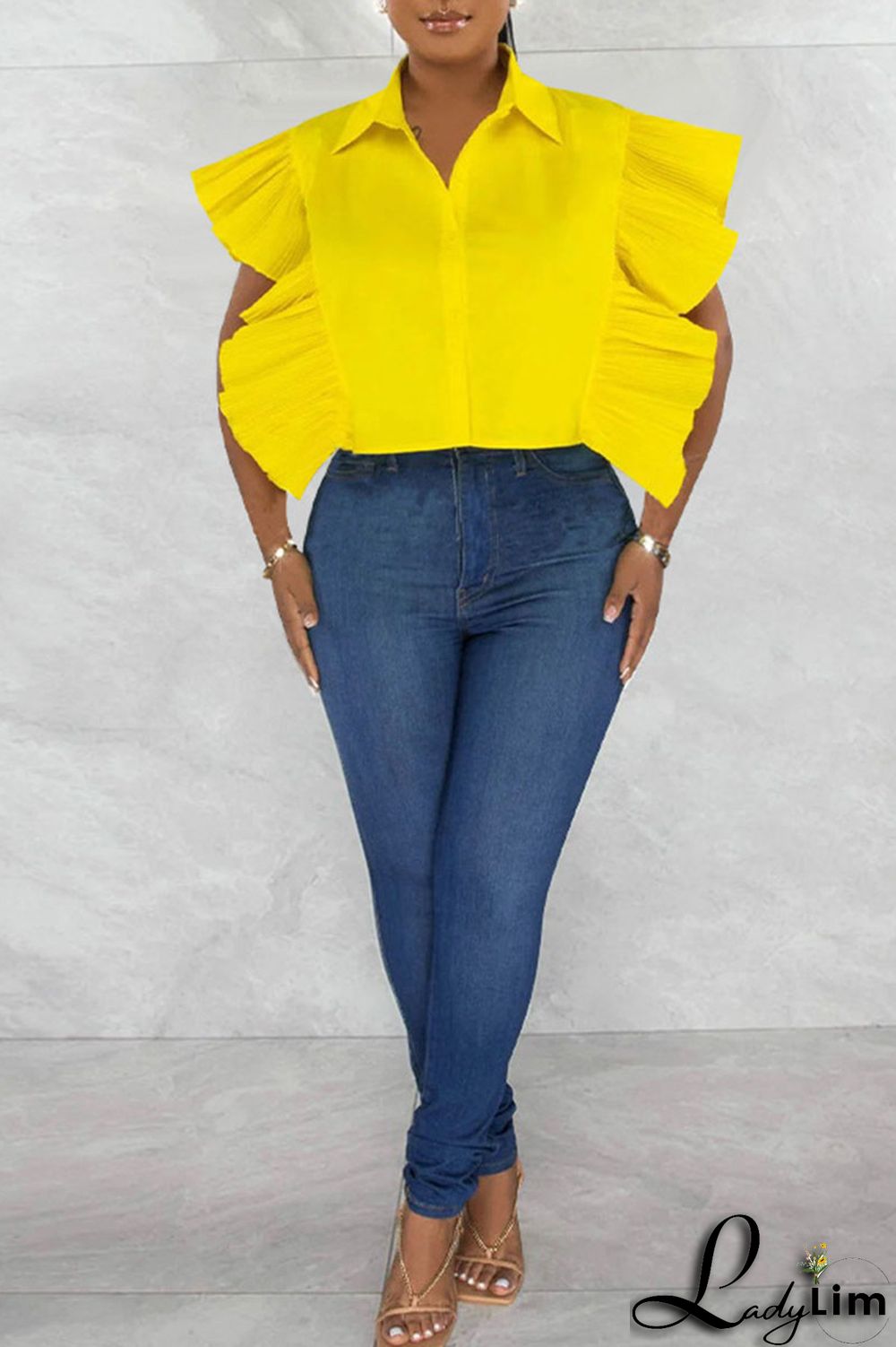 Rose Red Casual Solid Patchwork Buckle Flounce Turndown Collar Tops