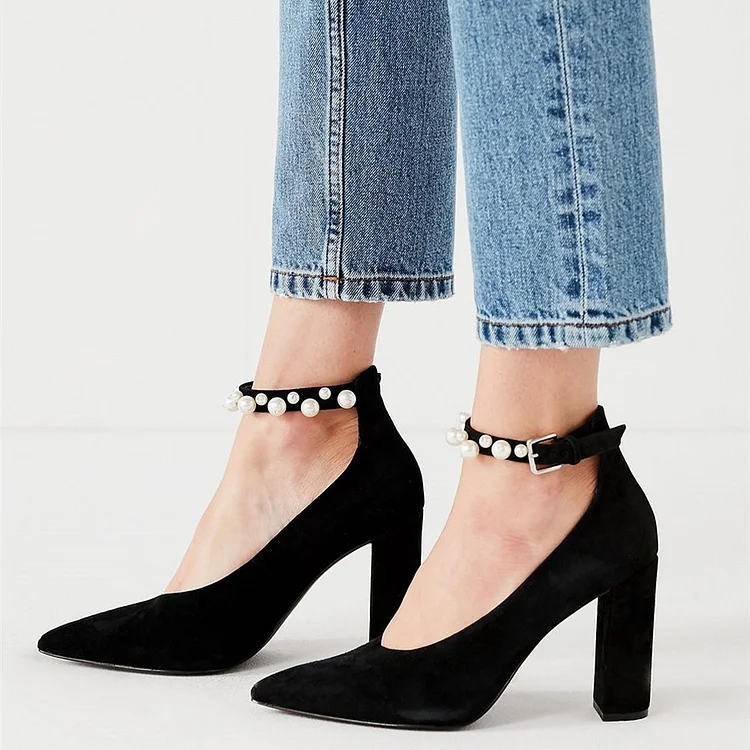 Women's Black Chunky Heels Pointy Toe Ankle Strap Heels with Pearl |FSJ Shoes