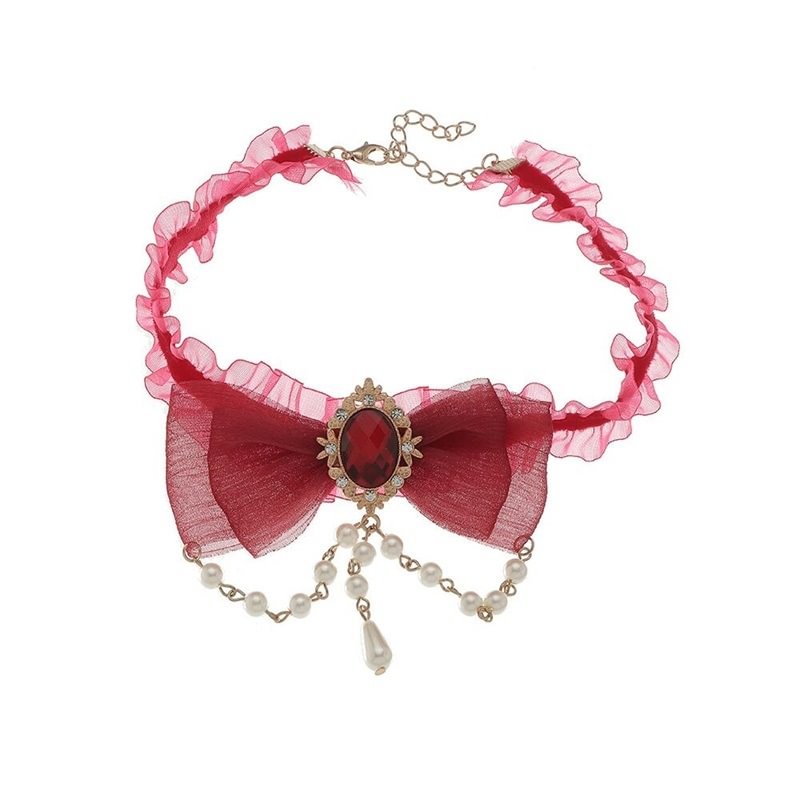 Pearl Bow Necklace Female Choker Lace Neck Band Collar Clavicle Chain 