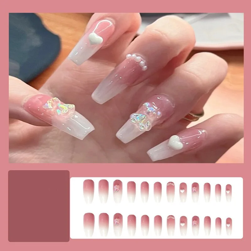 Applyw Butterfly Print Fake Nails with Glue Long Coffin Nail Art Tips Artifical False Nails with Rhinestones Press on Nails
