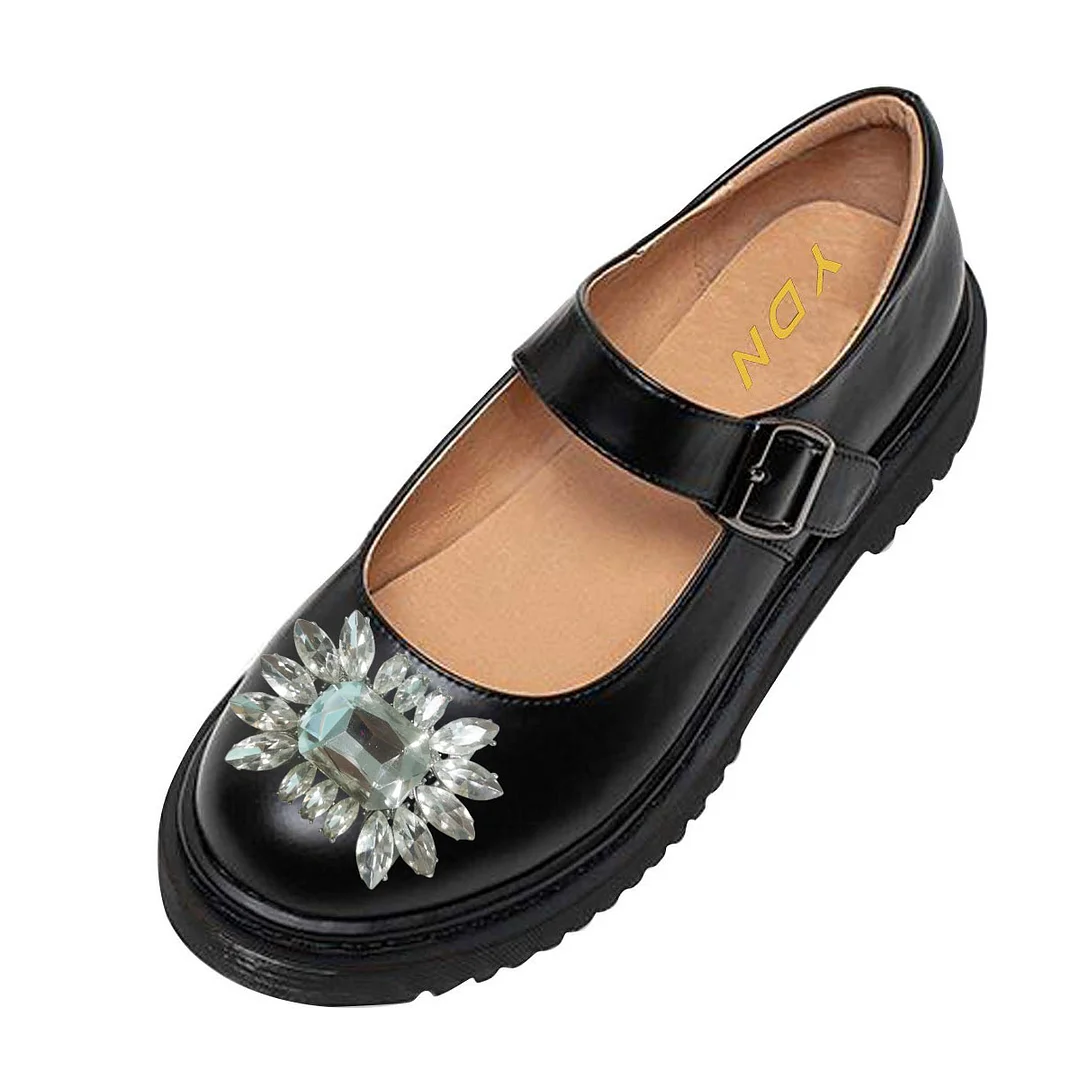 Black Vegan Leather Round Toe Rhinestone Embellished Mary Jane Shoes 