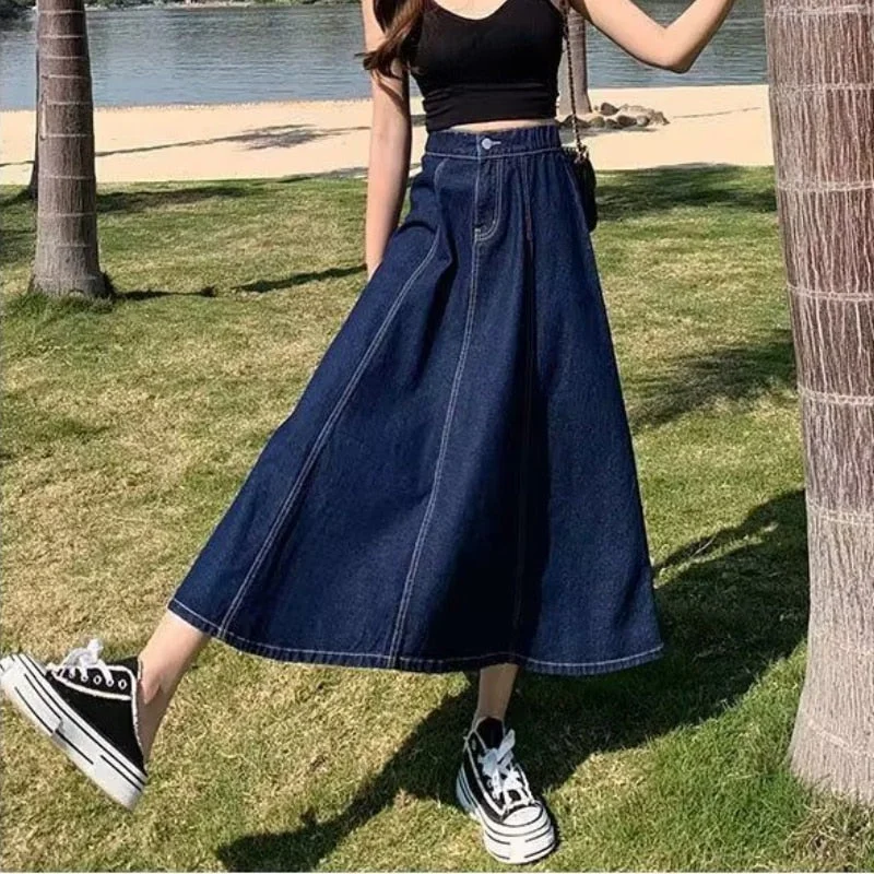 tlbang Skirts Women Midi Summer Students Newest High Waist A-Line Denim Cowboy Basic Simple Casual Streetwear Ins Holiday Spring